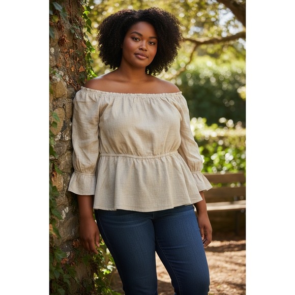 Lane Bryant Tops - Lane Bryant Linen Blend Off Shoulder Peplum Top Oatmeal Beige 22/24 NEW